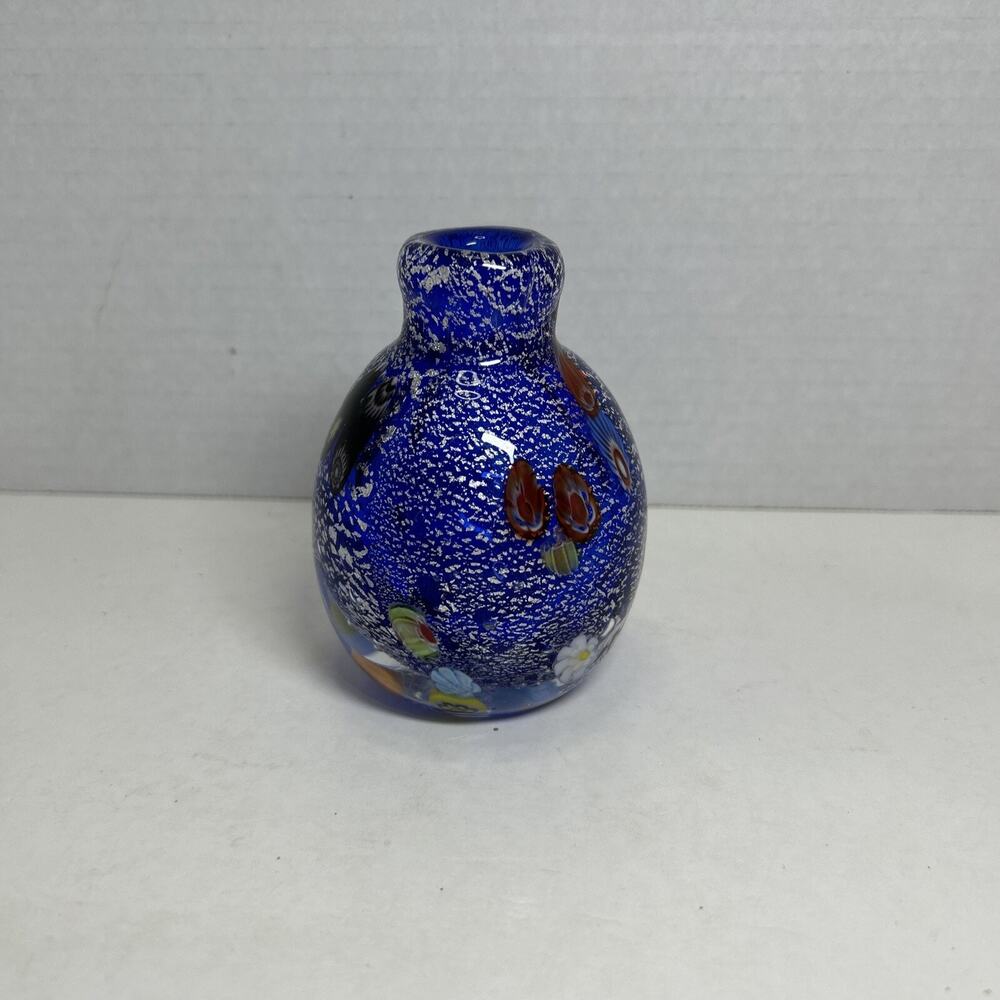 Robert William Art Glass Blue 4" Bud Vase/Bottle - Millefiori & Silver Fleck